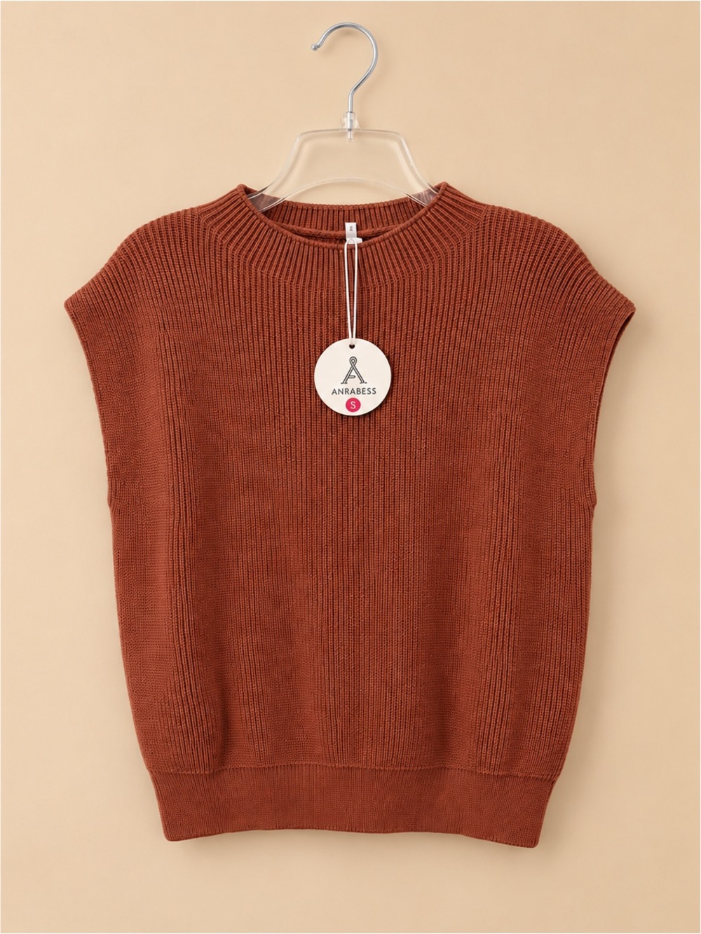 ANRABESS Ribbed Sleeveless Crewneck Sweater Vest S - Rust NWT